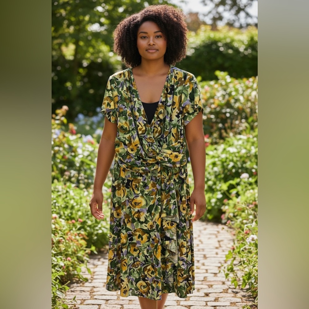 Dana Kay Floral Faux Wrap Dress - size 14W, ruffle down front skirt side.